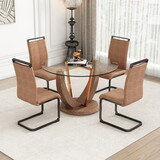 A modern minimalist round tempered glass dining table with a diameter of 48 inches. Glass desktop+MDF wood grain table legs and base. a set of 4 PU chairs 48 * 48 