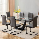 1 table and 6 chairs set.Large rectangular 0.4"tempered glass tabletop, black metal bracket dining table. Paired with 6 modern PU artificial leather high backrest soft cushion with black metal legs.