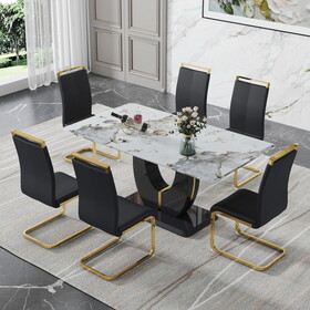 Table and chair set, modern dining table, patterned table top and black MDF table leg, soft and comfortable dining chair, perfect for dinner, meetings, home and office decor W1151S01195
