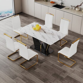 Table and chair set, white imitation marble texture glass tabletop, black MDF table legs, stable and beautiful. Modern simple dining table, comfortable seating. W1151S01269