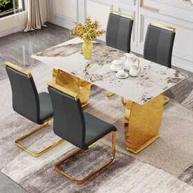 Table and chair set, rock plate table top, gold metal table legs, stable and beautiful, suitable for most home styles. Modern simple dining table, comfortable seating. W1151S01274