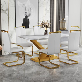 Table and chair set, The table is equipped with a marble patterned MDF tabletop and gold table legs.The chair is equipped with PU synthetic leather high back cushion and gold coated metal legs.