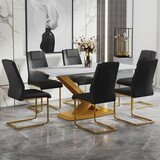 Table and chair set, The table is equipped with a marble patterned MDF tabletop and gold table legs.Dining chairs,gold legged upholstered chairs made of artificial leather. W1151S01297