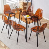 Table and chair set.Dark brown tempered glass tabletop, black metal legs, dining table, work desk,dark brown transparent dining chair. Suitable for dining room, is a good choice for families.