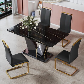 Table and chair set,Modern minimalist rectangular dining table, 0.4 inch thick, with a black imitation marble pattern glass desktop and black MDF legs. Comfortable PU seats,perfect for dinner, meet