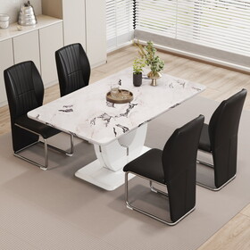 Table and chair set, modern luxurious white imitation marble pattern MDF dining table,rectangular dining table, matched with uniquely shaped PU high backrest seats,Suitable for various occasions.