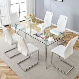 Table and chair set.Modern rectangular glass dining table with a tempered glass tabletop and silver metal legs, paired with multiple chairs designed with PU cushions and silver metal legs. W1151S01361