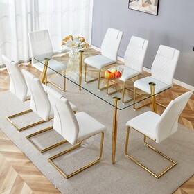 Table and chair set.Modern rectangular glass dining table with a tempered glass tabletop and metal legs, paired with multiple chairs designed with PU cushions and golden metal legs. W1151S01377