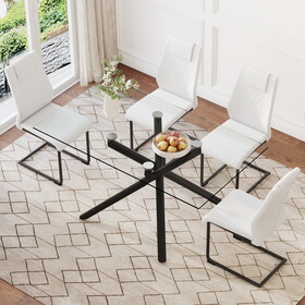 Table and chair set.Modern Rectangular Glass Dining Table with 0.39" tempered Glass Tabletop and Black Metal Legs.Paired with multiple chairs designed with PU cushions and black metal legs.