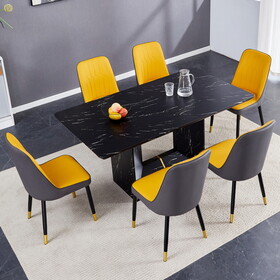 Table and chair set.This modern dining table with MDF marbled design gives you a luxurious and elegant feel.Paired with multiple chairs with PU artificial leather backrest cushions and black legs.