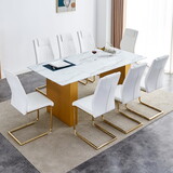 Table and chair set.Large modern rectangular table with 0.4 inch patterned glass tabletop and large MDF table legs.Comes with 8 chairs with faux leather cushioned seats and golden metal legs.