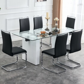 Table and chair set. Large modern rectangular table with glass top and large MDF legs. Comes with 6 chairs with faux leather upholstered seats and silver metal legs. W1151S01420