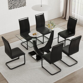 Table and chair set.Large rectangular glass dining table, 0.39"tempered glass countertop and black metal shaped bracket.Comes with chairs with faux leather cushions.Suitable for kitchen, dining room.