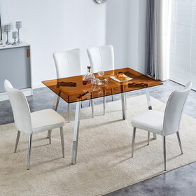 Table and chair set. Large modern rectangular table with brown glass top and silver metal legs. It comes with soft and comfortable PU seats, faux leather upholstered seats and silver metal legs.