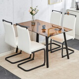 Table and chair set. Large modern rectangular table with brown glass top and black metal legs. It is equipped with soft and comfortable PU seats, faux leather upholstered seats, and sturdy metal legs.