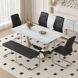 Table and chair set. Large modern rectangular table with white textured top and silver metal legs. Soft and comfortable PU seats, faux leather upholstered seats and sturdy metal legs. W1151S01458