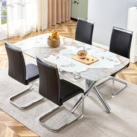 Table and chair set.A rectangular dining table suitable for 4-8 people, equipped with a marble patterned glass tabletop and metal legs.4 chairs with faux leather upholstered seats and silver legs.