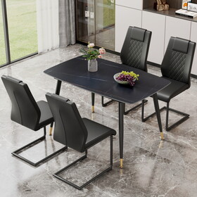 Table and chair set. Large modern rectangular table with black textured top and black metal legs. Soft and comfortable PU seats, faux leather upholstered seats and sturdy metal legs. W1151S01465