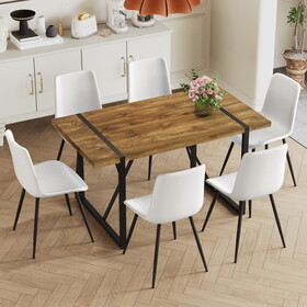 Table and chair set, textured top in vintage wood color, black metal legs. Dining chair with white faux leather backrest cushion with black metal legs.