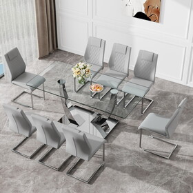 Table and chair set.Contemporary, minimalist rectangular dining table featuring a clear tempered glass top and sleek silver legs. Paried with chairs made of PU material cushion and silver metal legs.