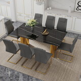 Table and chair set.The table has a glass tabletop with imitation marble pattern stickers and stainless steel golden table legs. Paried with comfortable chairs with PU seats and metal legs.