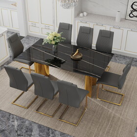 Table and chair set.The table has a glass tabletop with imitation marble pattern stickers and stainless steel golden table legs. Paried with comfortable chairs with PU seats and metal legs.