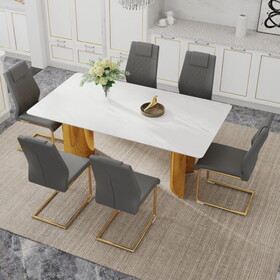 Table and chair set.The table has a glass tabletop with imitation marble pattern stickers and stainless steel golden table legs. Paried with comfortable chairs with PU seats and metal legs.