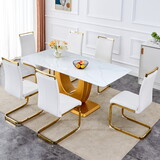 Table and chair set, modern minimalism and luxurious white rectangular pattern dining table. Soft and comfortable dining chairs for dining rooms, living rooms, terraces and kitchens.