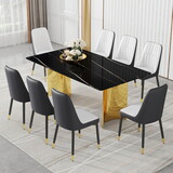 Table and chair set.The table has a glass top with imitation marble pattern stickers and stainless steel golden legs. Paried with chairs with PU artificial leather backrest cushions and black legs.