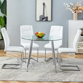 Table and chair set. (1 table+4 chairs set) a circular dining table with a 40 inch diameter glass tabletop and electroplated metal legs. 4 white PU chairs DT-1164 001