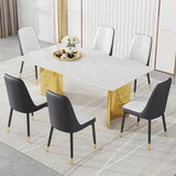 Table and chair set.The table has a glass top with imitation marble pattern stickers and stainless steel golden legs. Paried with chairs with PU artificial leather backrest cushions and black legs.