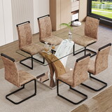 Table and chair set.Modern dining table, tempered glass countertop with artistic MDF legs.Paried with 6 comfortable chairs with PU seats and metal legs. Suitable for various decoration styles.