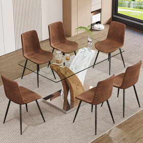 Table and chair set.Modern dining table, tempered glass countertop with artistic MDF legs.Paried with 6 brown chairs with suede backrests and black metal legs.Suitable for various styles.