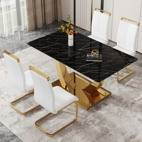 Table and chair set.Modern rectangular dining table with black textured stickers glass tabletop and gold plated metal legs.Paried with 4 comfortable chairs with PU seats and golden metal legs.