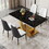 Table and chair set.Modern rectangular dining table with black textured stickers glass tabletop and gold plated metal legs.Paried with 4 comfortable chairs with PU seats and black metal legs.