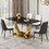 Table and chair set.Modern rectangular dining table with black textured stickers glass tabletop and gold plated metal legs.Paried with 4 comfortable chairs with PU seats and black metal legs.