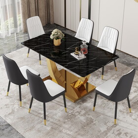 Table and chair set.Modern rectangular dining table with black textured stickers glass tabletop and gold plated metal legs.Paried with 6 comfortable chairs with PU seats and black metal legs.