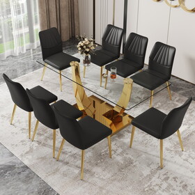 Table and chair set.Modern rectangular dining table with Transparent tempered glass tabletop and gold plated metal legs.Paried with 8 comfortable chairs with PU seats and golden metal legs.