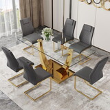 Table and chair set.Modern rectangular dining table with Transparent tempered glass tabletop and gold plated metal legs.Paried with 6 comfortable chairs with PU seats and golden metal legs.