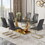 Table and chair set.Modern rectangular dining table with Transparent tempered glass tabletop and gold plated metal legs.Paried with 6 comfortable chairs with PU seats and golden metal legs.