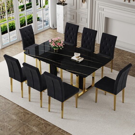 Table and chair set.Morden luxurious black rectangular patterned dining table with glass tabletop.Paried with 8 dining chairs, modern kitchen upholstered high backrest, metal leg. W1151S01632