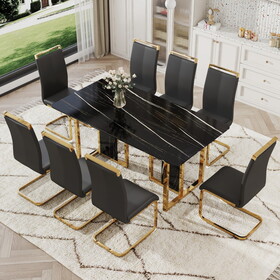 Table and chair set. Modern dining table with MDF top and beautiful MDF legs. Equipped with comfortable PU chairs and metal legs. Suitable for a wide range of decorative styles.