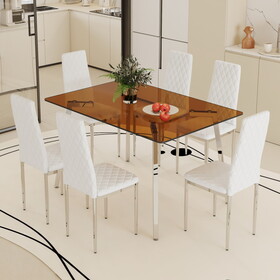 Table and chair set.Large modern rectangular table with brown glass top and silver metal legs. Paired with 6 white chairs with checkered armless high back PU cushion and silver metal legs.