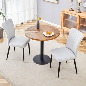 Table and chair set.31.5 inch Dark Wood Grain Round Dining Table - Suction Molding Annular Texture.Paired with 2 Light Gray PU chairs with a vertical stripe design on the backrest