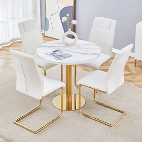 Table and chair set.31.5 inch Elegant White Marble Pattern Round Dining Table - Suction Molding Annular Texture.Paired with 4 White High-quality PU Chairs with Arched Golden Metal Legs