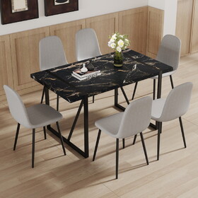 Table and chair set.Modern Black Marble Pattern MDF Dining Set - 55"x31.4" with 6 Light Gray Linen Fabric Chairs.Iron Pipe Spraying Chair Legs.Suitable for kitchen,Dining room,etc