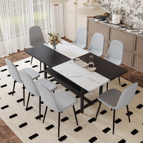 Table and chair set.71*35.4 inch White and Black Spliced Dining Table with Storage Function in The Middle of The Table Legs.Paired with 8 Light Gray Linen Fabric Chairs. W1151S03493