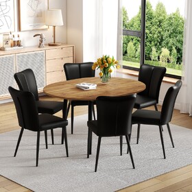 Table and chair set.Modern Extendable Wood MDF Dining Table.Suitable for gatherings of different size.Paried with 6 Black PU chairs with a vertical stripe design on the backrest and black metal legs.