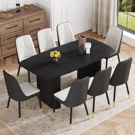 Table and chair set.67 * 35.4 inch black wood grain MDF dining table, Paired with 8 White and Dark Gray Spliced color chairs with PU cushions and black metal legs.