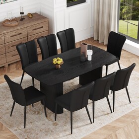 Table and chair set.67 * 35.4 inch black wood grain MDF dining table:a simple and luxurious choice.Paired with 8 Black PU chairs with a vertical stripe design on the backrest and black metal legs.